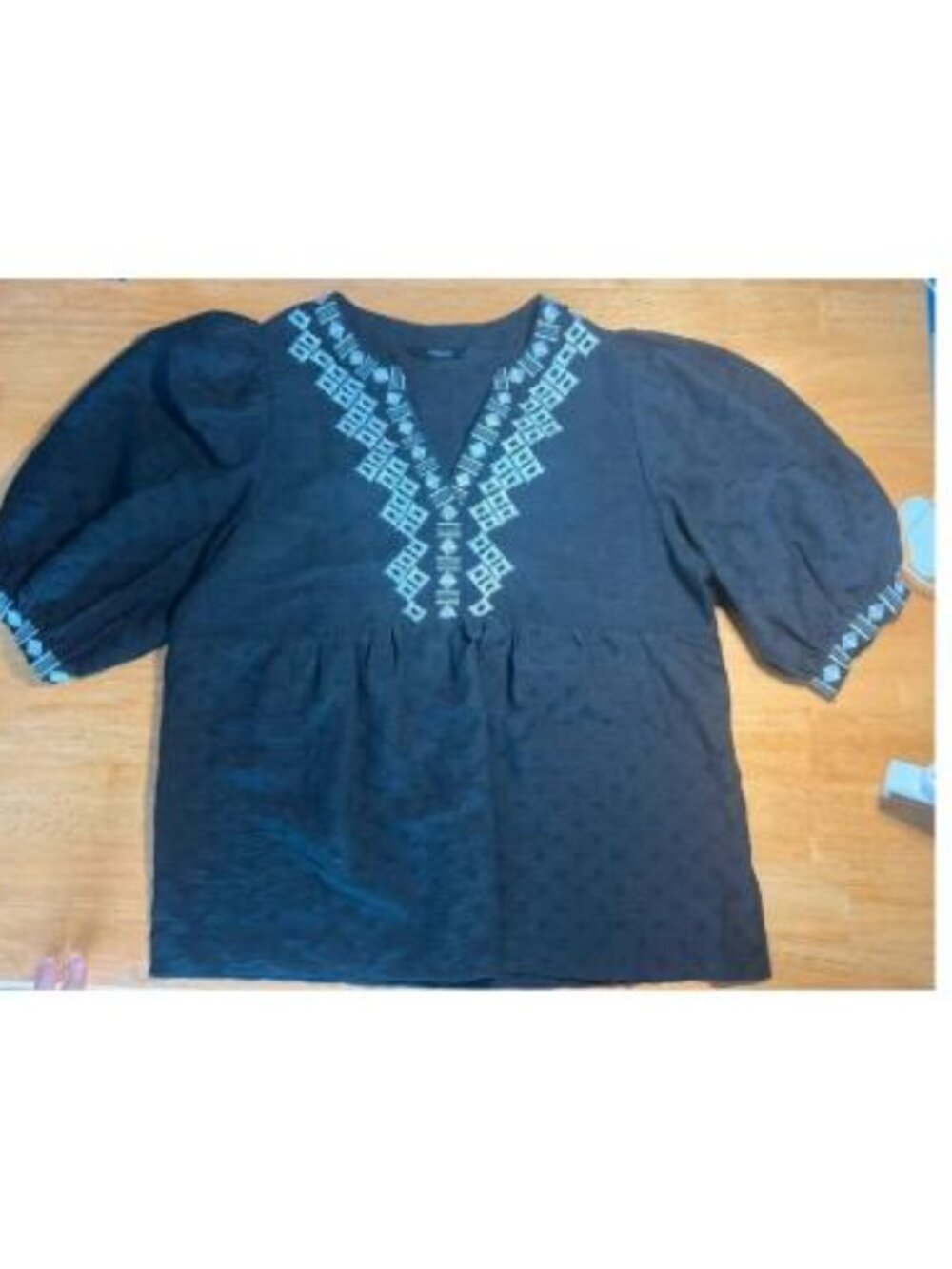 Dokotoo Embroidered V-Neck Puff Sleeve Peplum Blouse Women Small Black White
